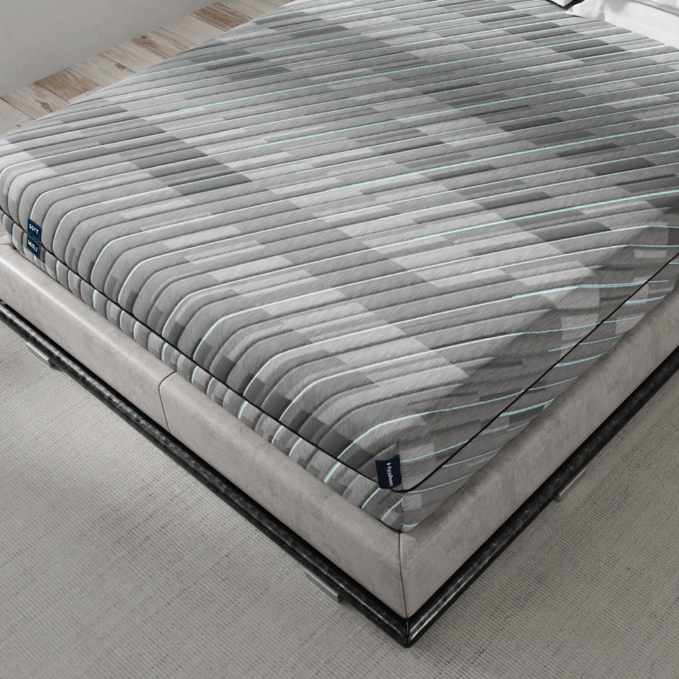 Above view of double sided mattress with grey cooling cover.